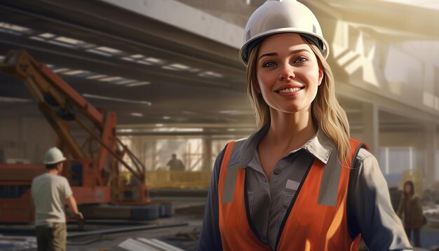 Happy smiling female engineer cute young people construction Slavic appearance