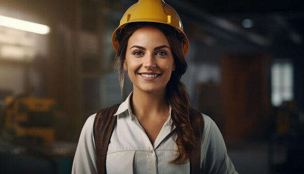 Happy smiling female engineer cute young people construction Slavic appearance
