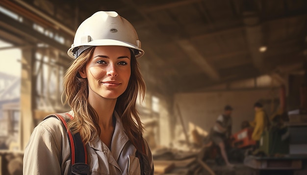 Happy smiling female engineer cute young people construction Slavic appearance