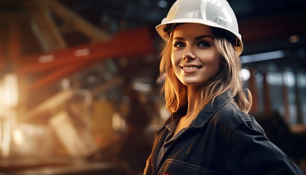 Happy smiling female engineer cute young people construction slavic appearance