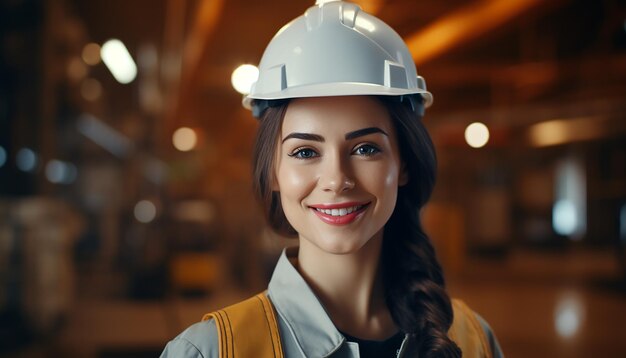 Happy smiling female engineer cute young people construction Slavic appearance