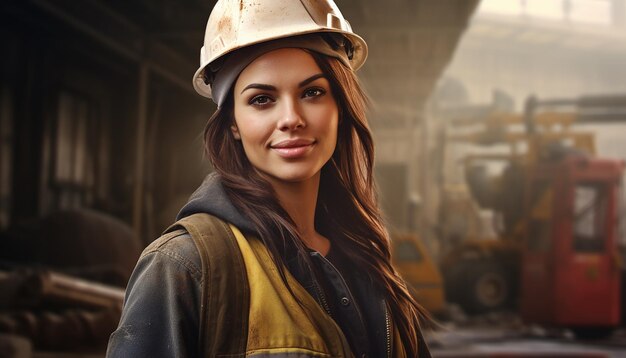 Happy smiling female engineer cute young people construction Slavic appearance