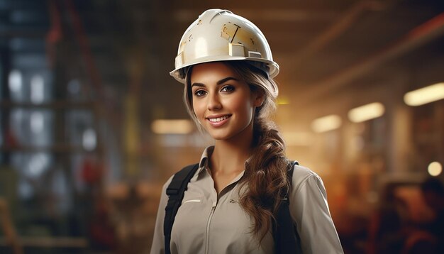 Happy smiling female engineer cute young people construction Slavic appearance