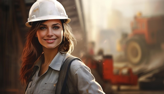 Happy smiling female engineer cute young people construction Slavic appearance