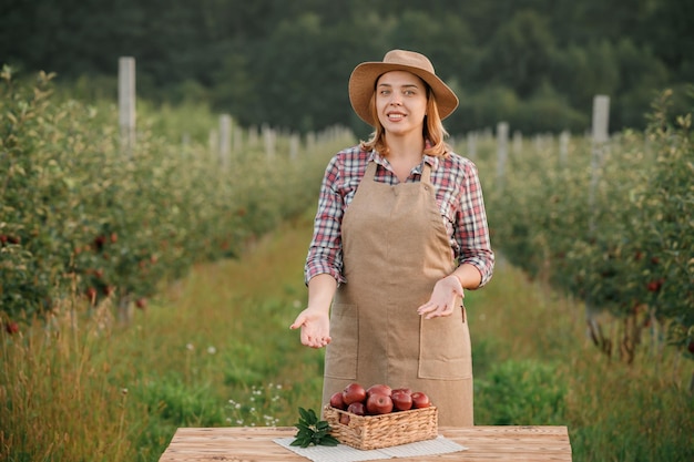 Happy smiling female farmer worker crop picking fresh ripe apples in orchard garden during autumn harvest Harvesting time