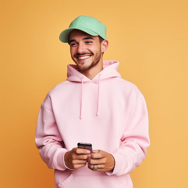 Happy and smiling gay man in sweatshirt hat and hoodie