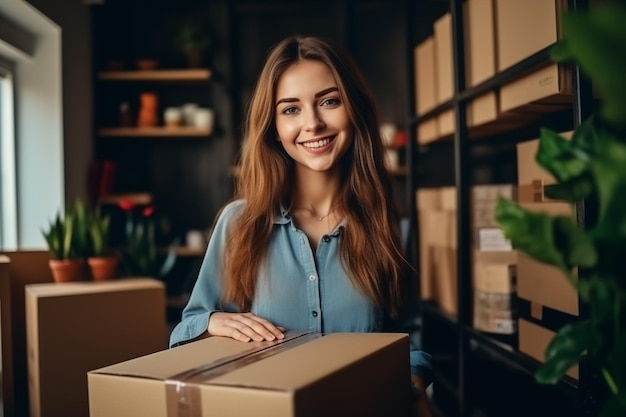 笑顔で幸せな女の子が 荷物が入った紙箱を背負って 寮に引っ越す若い女性