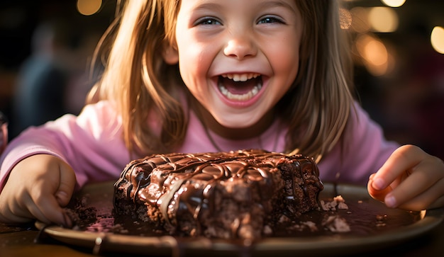 Happy smiling girl eating a chocolate cake