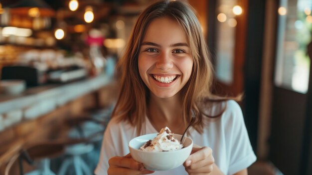 Una ragazza felice e sorridente si gode lo yogurt per la colazione irradiando soddisfazione e soddisfazione per il suo pasto mattutino