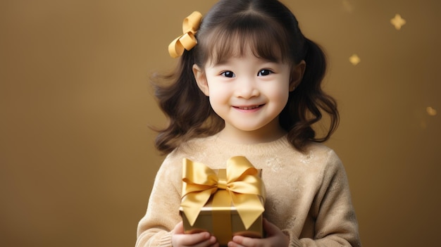 Happy smiling girl holding gift box on a colored background