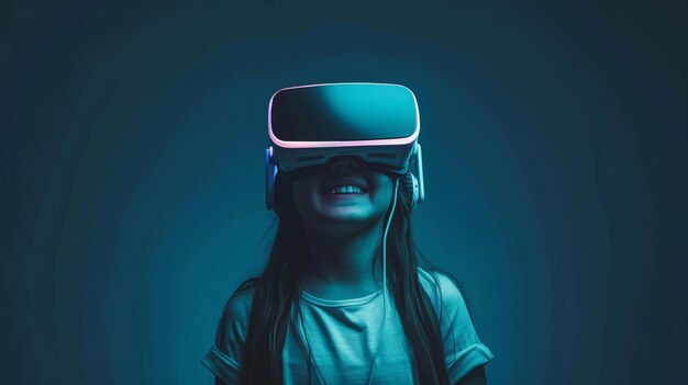 Photo happy smiling girl in vr glasses in blue room portrait