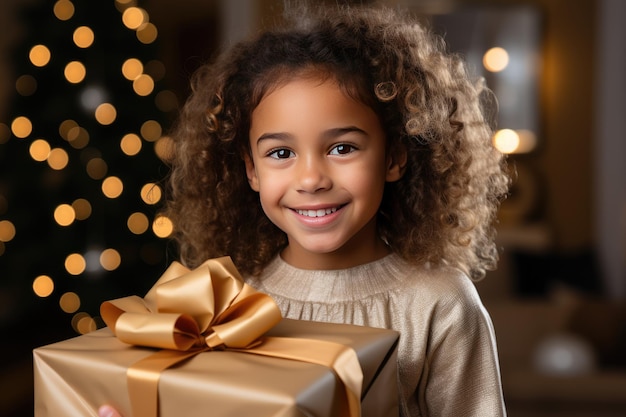 Happy smiling girl with christmas gift at xmas lights background