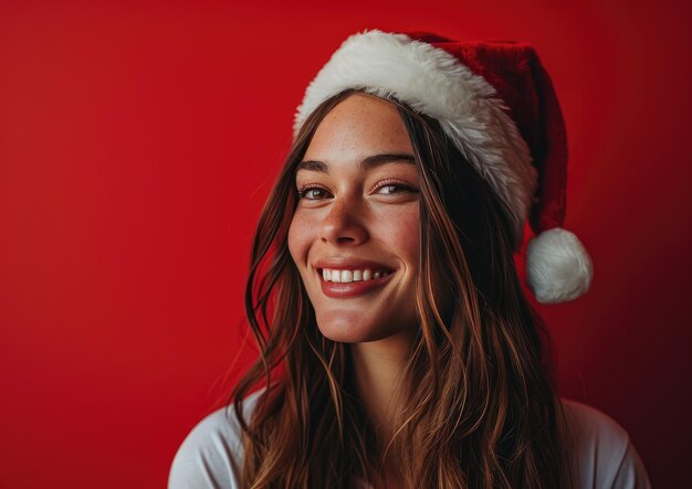 クリスマスの背景にサンタの帽子をかぶった幸せな笑顔の女の子