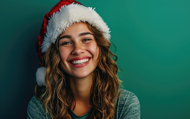 크리스마스 배경 에 산타 모자 를 입은 행복 한 미소 짓는 소녀