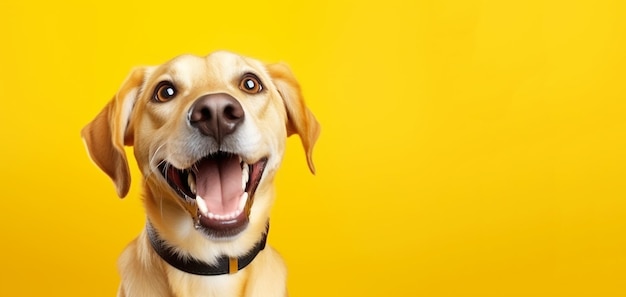 黄色い背景に孤立した幸せな笑顔のゴールデン・レトリバー犬 テキストのスペースをコピーする