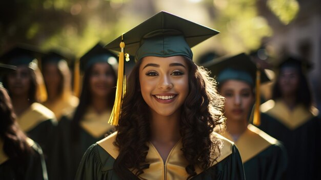 Фото Счастливая улыбающаяся выпускница в академическом платье стоит перед другими выпускниками
