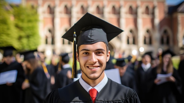 Happy smiling graduating student guy in an academic gown standing in front of other alumni