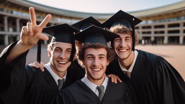 행복 한 미소 졸업 학생 친구 들 은 대학 앞 에 서 있는 학문적 인 옷 을 입고 있다