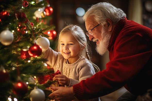 Happy smiling grandfather and granddaughter decorate the Christmas tree