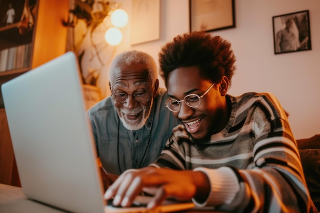 Foto comunicazione felice di nonno e nipote sorridente uomini giovani e anziani che ridono usando un computer