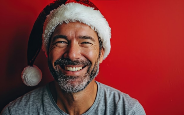 happy smiling handsome man with Santa hat in Christmas background