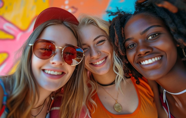 happy smiling happy young friends are taking selfie