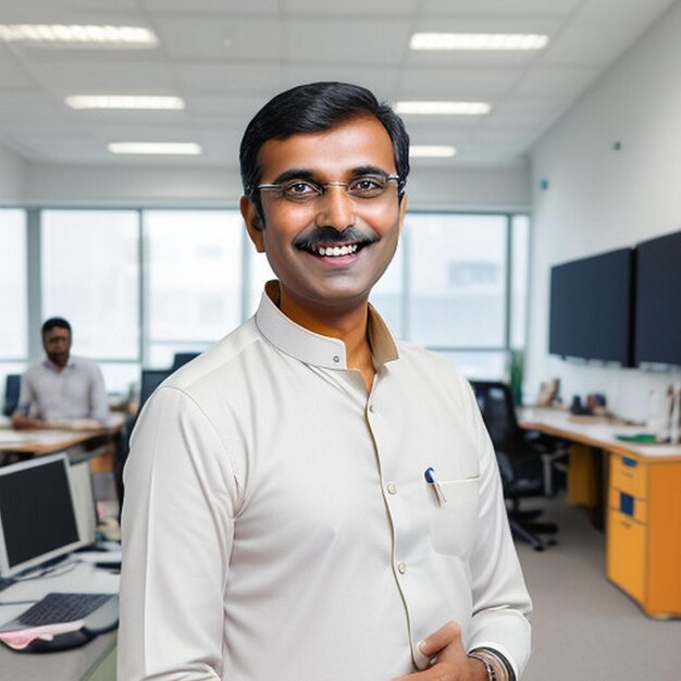 happy smiling Indian business man leader looks away with confidence standing in the office smiling young professional businessman manager and executive from India