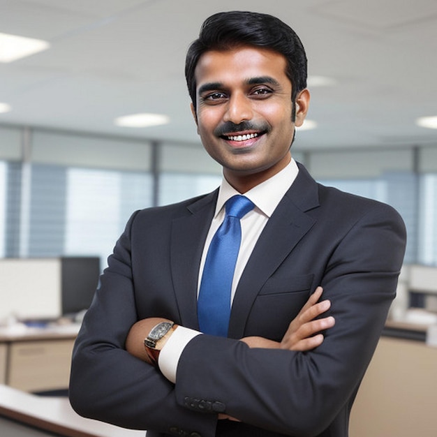 happy smiling Indian business man leader looks away with confidence standing in the office smiling young professional businessman manager and executive from India