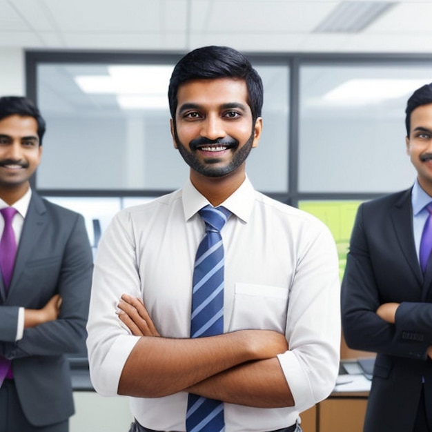 Photo happy smiling indian business man leader looks away with confidence standing in the office smiling young professional businessman manager and executive from india