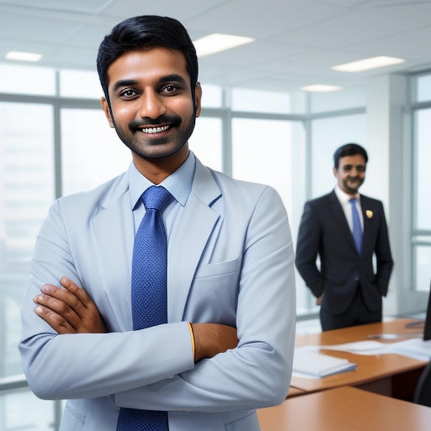 happy smiling Indian business man leader looks away with confidence standing in the office smiling young professional businessman manager and executive from India