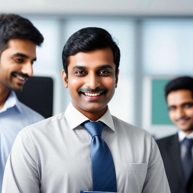 happy smiling Indian business man leader looks away with confidence standing in the office smiling young professional businessman manager and executive from India
