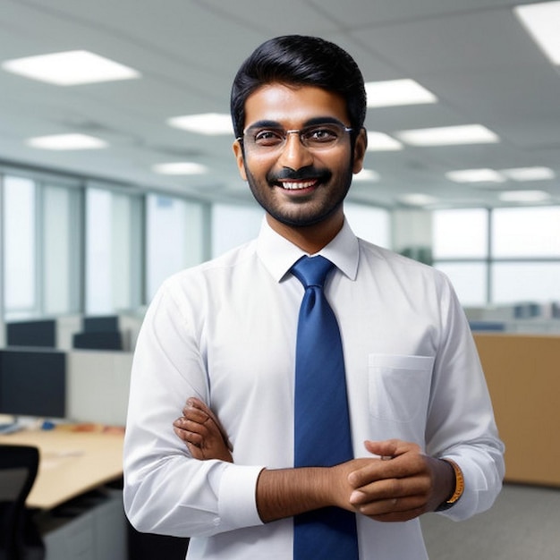 happy smiling Indian business man leader looks away with confidence standing in the office smiling young professional businessman manager and executive from India