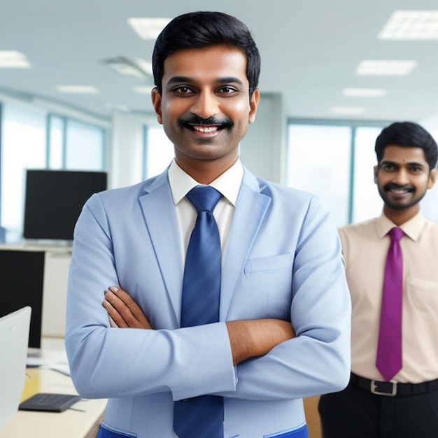 happy smiling Indian business man leader looks away with confidence standing in the office smiling young professional businessman manager and executive from India