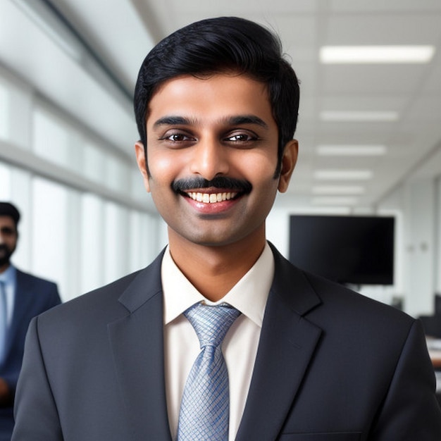 happy smiling Indian business man leader looks away with confidence standing in the office smiling young professional businessman manager and executive from India