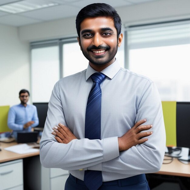 happy smiling Indian business man leader looks away with confidence standing in the office smiling young professional businessman manager and executive from India