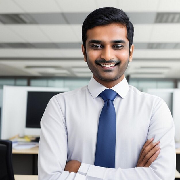 happy smiling Indian business man leader looks away with confidence standing in the office smiling young professional businessman manager and executive from India