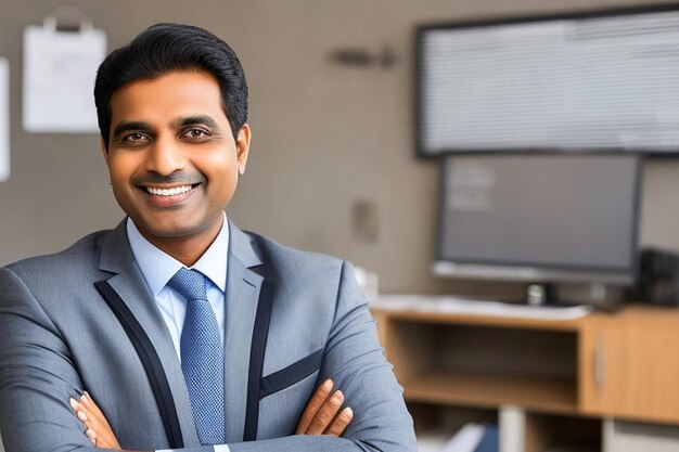 Photo happy smiling indian business man leader looks away with confidence standing in the office smiling young professional businessman manager and executive from india