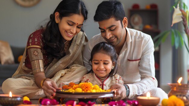 Photo a happy and smiling indian family holds a plate full of flowers and kalam