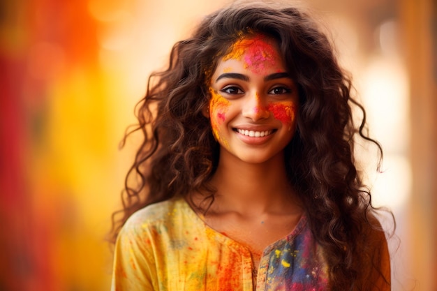 Una ragazza indiana felice e sorridente che celebra holi con vernici a polvere colorate sul viso