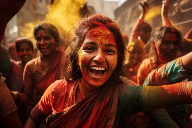 Photo happy smiling indian people celebrating holi festival covered in colorful powder paints