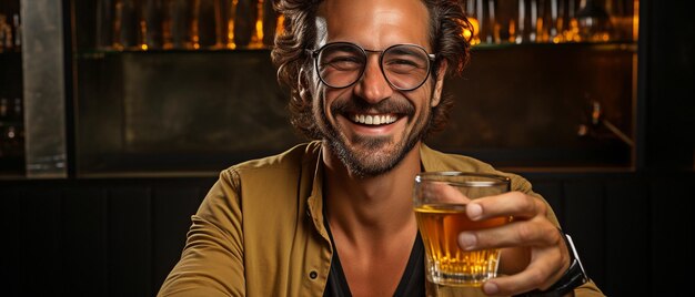 Photo happy smiling inebriated man clinking a glass in front of the camera