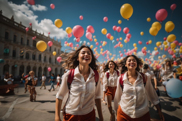 happy smiling latin students in a bright day with balloons in the sky
