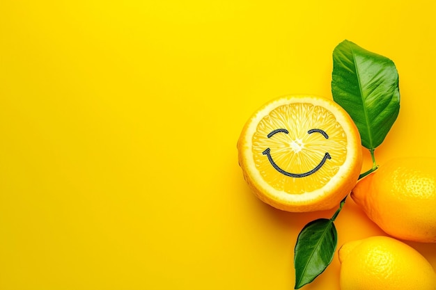 Happy smiling lemon on yellow on orange background