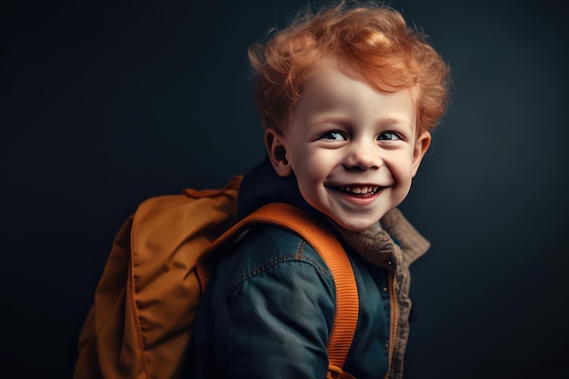 バックパックを背負った幸せで笑顔の小さな男の子