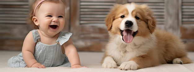 Happy smiling little child with his dog