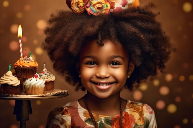 A happy smiling little girl celebrating her birthday with candles in the background