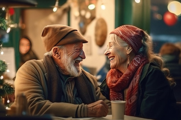 Happy smiling loving retired adult couple sitting in a cafe created with Generative AI technology