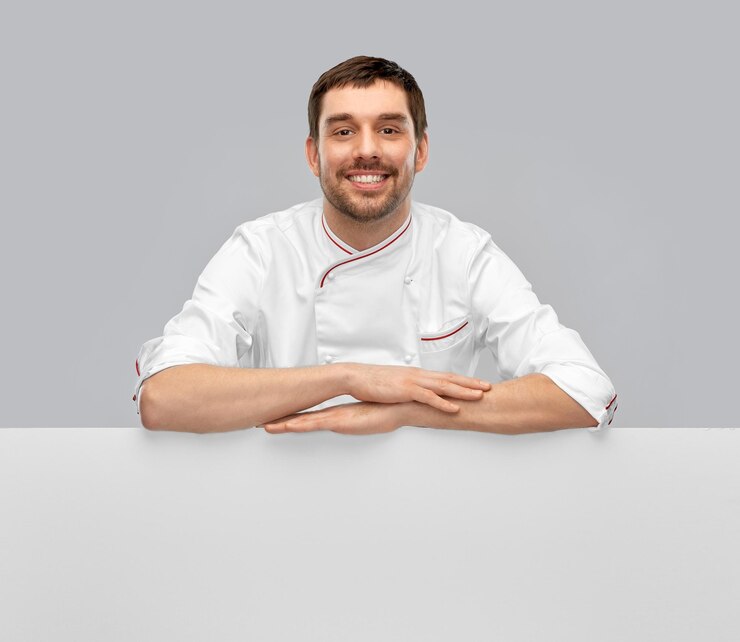 Photo happy smiling male chef with big white board