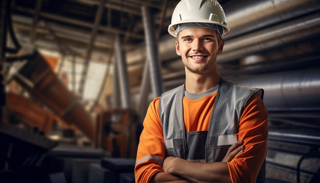 Foto felice sorridente ingegnere maschio carino giovani costruzione aspetto slavo