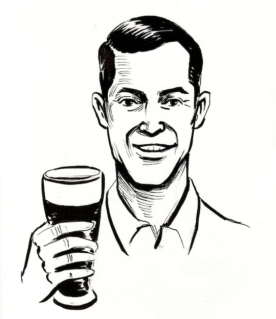 Happy smiling man drinking a glass of beer. Ink black and white drawing